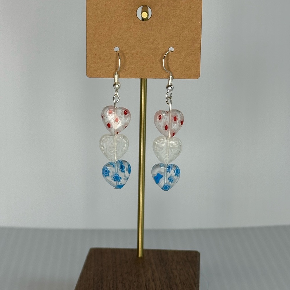 Heart Lampwork Beaded Earrings with Red and Blue Accents